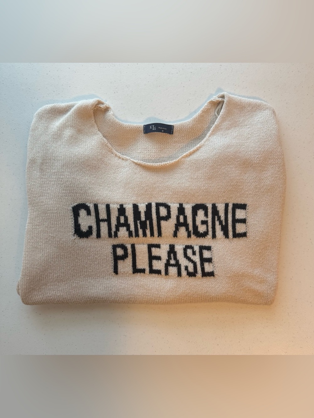 KLD Oversized Cream Sweater Champagne Please Long Sleeve Lightweight Size M
